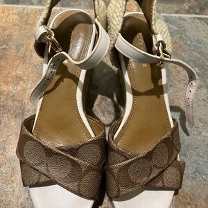 Coach Brown Canvas and Cream Leather Wedge Sandals
